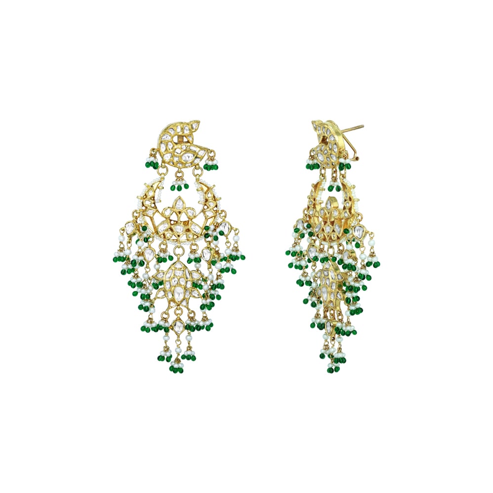 Floral Polki Earrings with Cascading Emerald and Pearl Beads